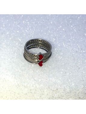 VTG Sterling Silver & Red Enamel Hearts Multi Band Stacker Style Ring Sz 4.5